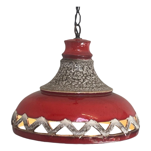 Fat Lava - Ufo Shaped Ceramic Hanging Pedant - Midcentury - Germany - Boho - Red And Beige