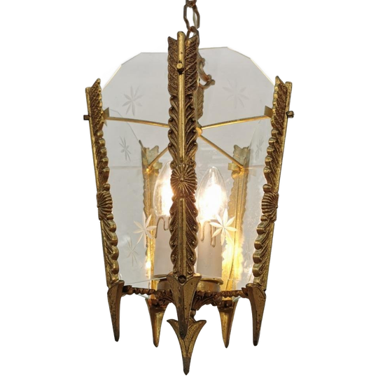 Vintage Franse Messing Lantaarnlamp, Hanglamp, Lamp Met Ketting 1