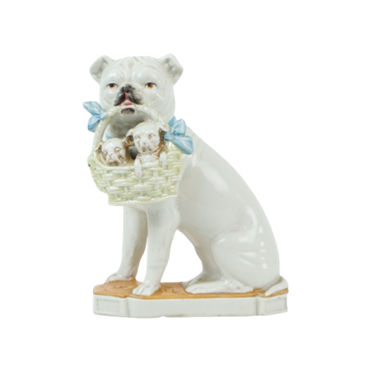 Zeldzaam Antiek Beeld Bulldog Mopshond Met Puppies Art Nouveau Porselein 1