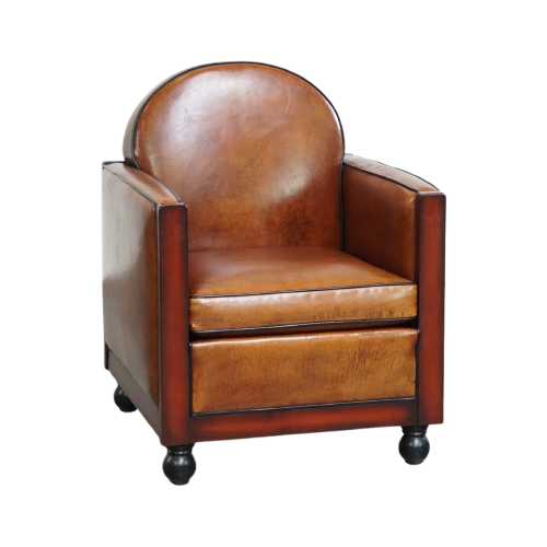 In Goede Staat Verkerende, Mooie, Cognac Kleurige, Schapenleren Art Deco Design Fauteuil