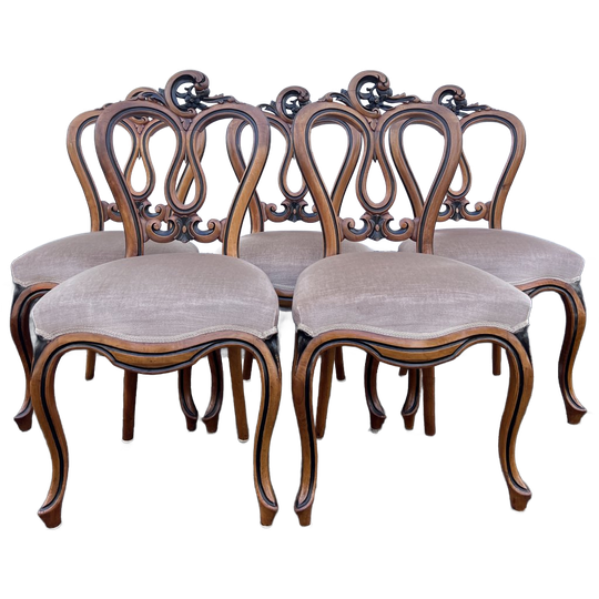Prachtig Set Van 5 Antieke Mahonie Met Zwarte Gestoffeerd Eetkamerstoelen 1
