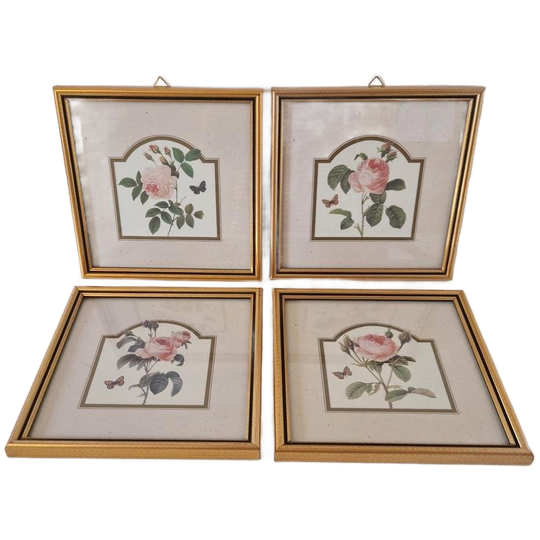 4 Rozen Lijstje Vintage Prentje In Goudkleurige Lijst 70's 1