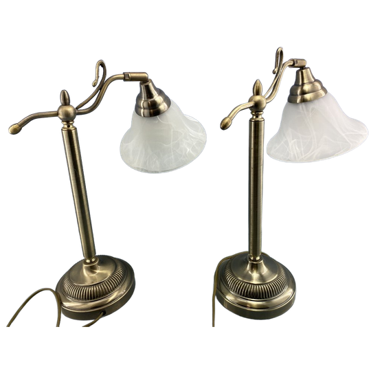 Set Van 2 Vintage Geborsteld Metale Tafellampen Met Gemarmerde Glazen Kapjes – Klassieke Bedlampen – Hollywood Regency 1