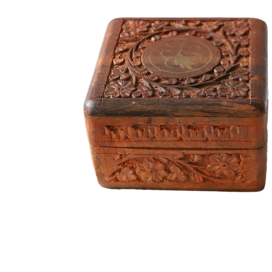 Vintage Houten Doosje Met Ingelegd Blad, Goudkleurig Jaren, India '60 1