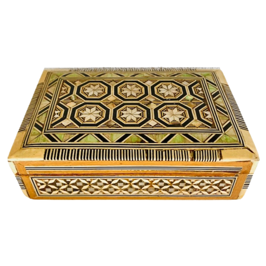 Vintage Sieradendoos Parelmoer Inlegwerk Geometrisch Khatam 1970’s 1