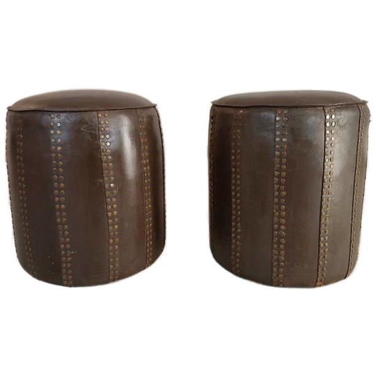 2 X Vintage Leren Poef Ottoman, Bruin, Rond. P/p/s 1