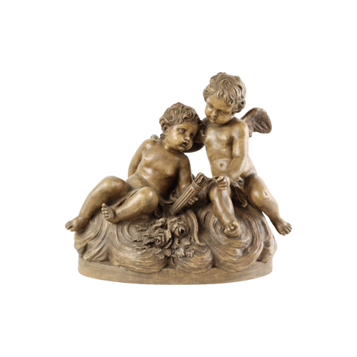 Groot Antiek Beeld Sculptuur Terracotta Cherubijnen Putti Terre Cuite Frankrijk 1900