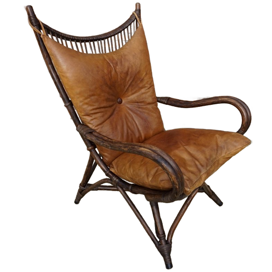 Vintage Rotan/bamboe Fan Back Lounge Chair Met Leren Kussens, Jaren 60, Toegeschreven Aan Rohé No 1