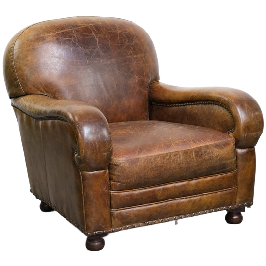 Karaktervolle En Zeer Comfortabele Vintage Generfde Rundleren Fauteuil Met Charmante Uitstraling 1