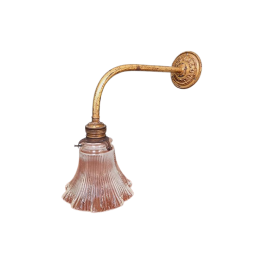 Wandlamp In Brons En Gegroefd Glas, Begin 20e Eeuw 1