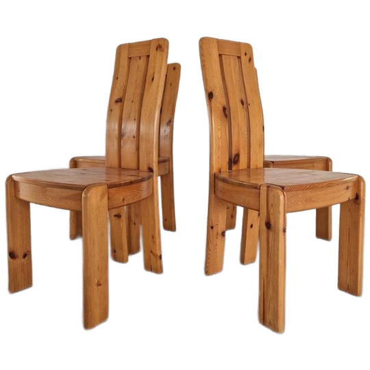 4 Massief Grenen Scandinavische Brutalist Vintage Stoelen. 1
