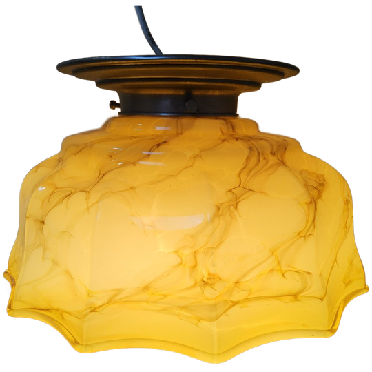 Antieke Art Deco Plafonnière Gemarmerd Glas (geel/oranje) Plafondlamp 1