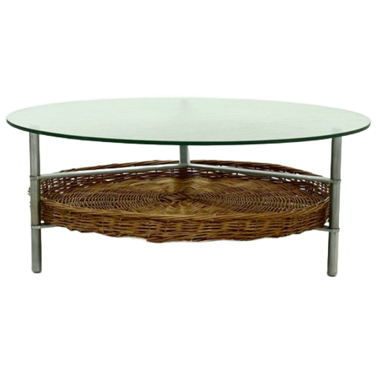 Round Coffee Table With Rattan Magazine Rack And Glass Top 1960s 1