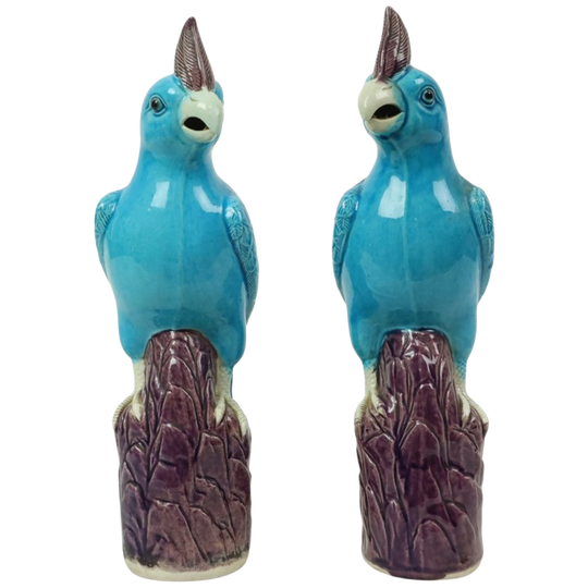 Koppel Turquoise Geglazuurde Papegaaien Chinees Porselein 30cm 1