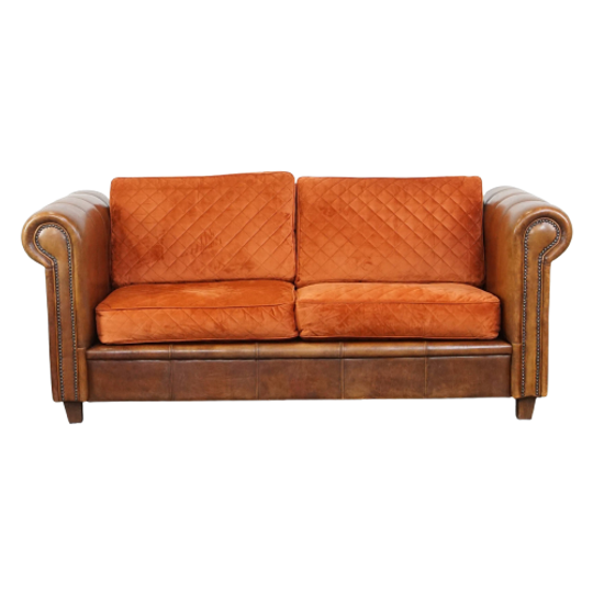 Luxe En Comfortabele Schapenleren 2.5 Zits Bank Van Topkwaliteit Met Oranje Stoffen Kussens 1