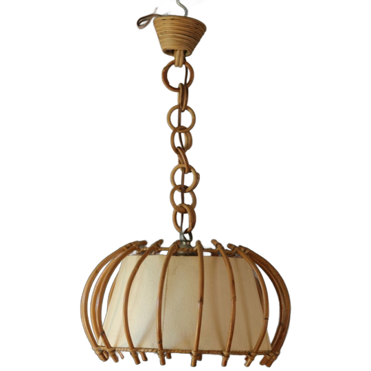 Vintage Hanglamp Van Rotan En Papier, In De Stijl Van Louis Sognot 1