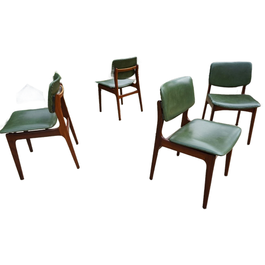 4 Scandinavische Stoelen/ Eetkamerstoelen In Teak En Groene Skai, 1960s 1