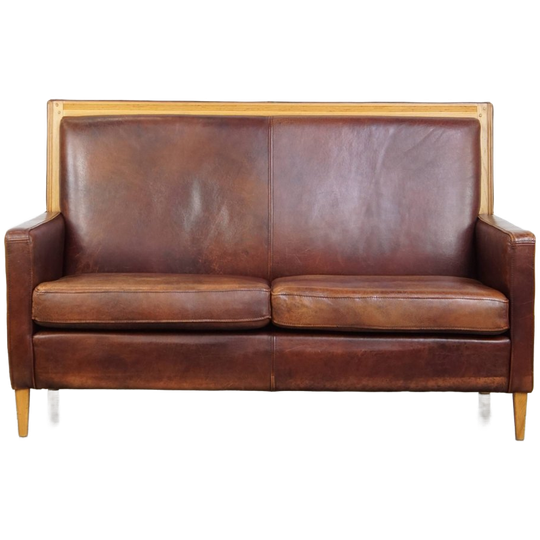 Mooie En Comfortabele Schapenleren Art Deco Design 2 Zits Bank Met Houten Details 1