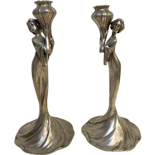 Art Nouveau Stijl Tinnen Kandelaar, 31 Cm Hoog, Gemerkt Tin- Prijs Per Set 1
