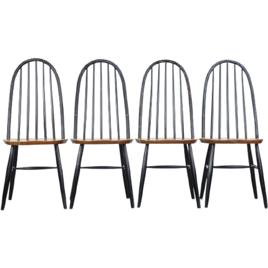 Set Van 4 Vintage Houten Design Stoelen Met Zwarte Spijlen Rugleuning En Bruine Zitting 1