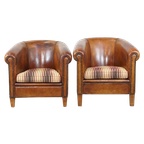 Set Van 2 Cognac-Kleurige, Karaktervolle Vintage Schapenleren Clubfauteuils thumbnail 1