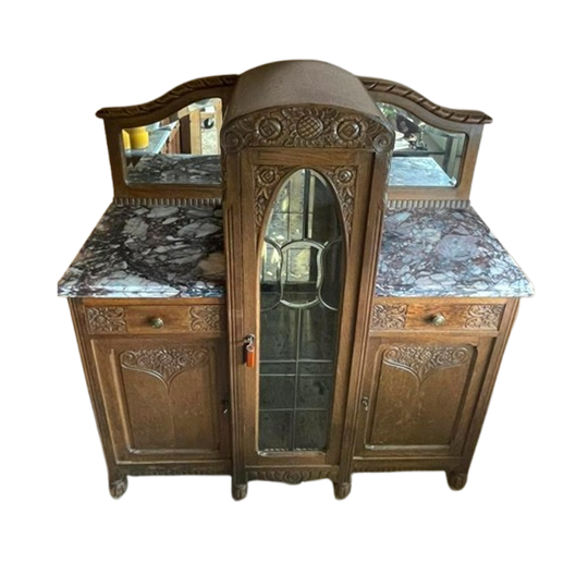 Unieke Art Deco Houten Kast Vitrine Marmeren Blad 1