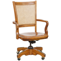 Luxe Cognac Kleurige Leren Bureaustoel Op Wieltjes Met Hout En Een Rieten/ Gematte Rugleuning