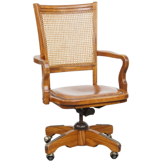 Luxe Cognac Kleurige Leren Bureaustoel Op Wieltjes Met Hout En Een Rieten/ Gematte Rugleuning 1