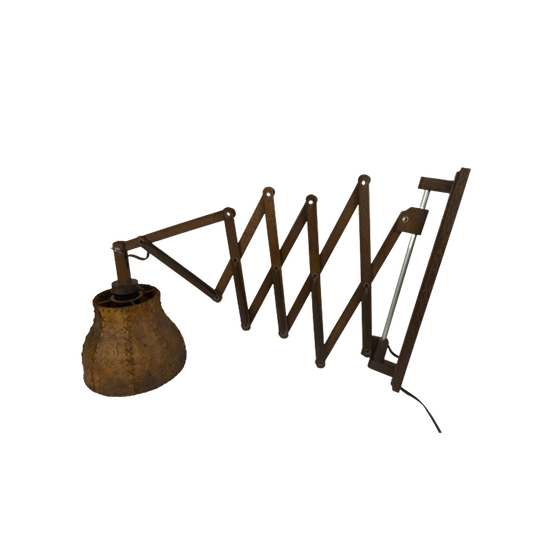 Schaarlamp | Harmonicalamp | Wandlamp | Vintage | Eiken | Varkensblaas | 70's | 1