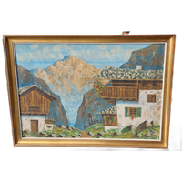 Antiek Origineel Olieverfschilderij Blauw, Groen, Goudkleurig .h.fiedler