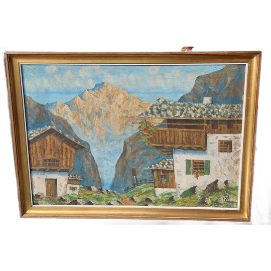 Antiek Origineel Olieverfschilderij Blauw, Groen, Goudkleurig .h.fiedler 1