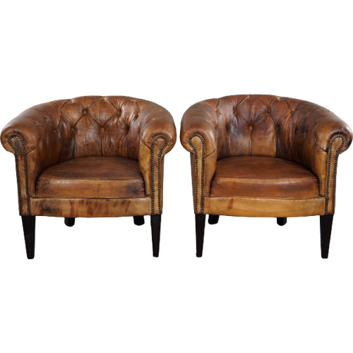 Set Van Twee Super Stoere Oude Schapenleren Chesterfield Clubfauteuils