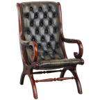 Tijdloze En Klassieke Groene Engelse Stijl Rundleren Chesterfield Fauteuil Met Hout thumbnail 1