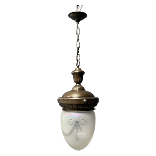 Antieke Hanglamp Met Matglazen Geslepen Glas