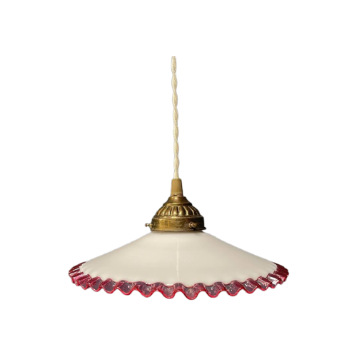 Franse Witte Opaline Glazen Hanglamp Met Roze Kartelrand