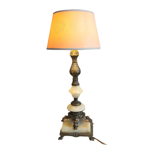 Prachtige Vintage Tafellamp Koper Met Marmer, Jaren '60/'70