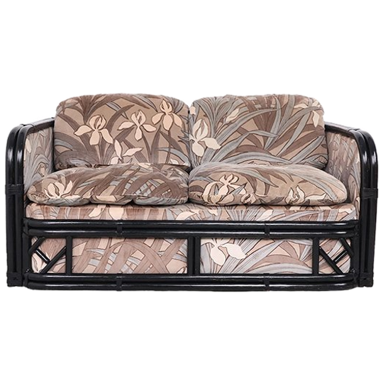 Vintage Bamboe Bankje Met Bloemig Velours Stof 1