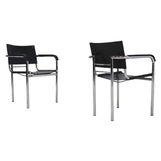 Set Of 2 Italian Modern Saddle Leather And Chromed Steel Chairs 1980s 1