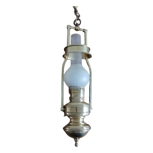 Oude Messing Hanglamp Met Matglas