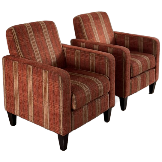 Mid Century Eclectic Armchairs – Orange + Cream/blue Striped 1