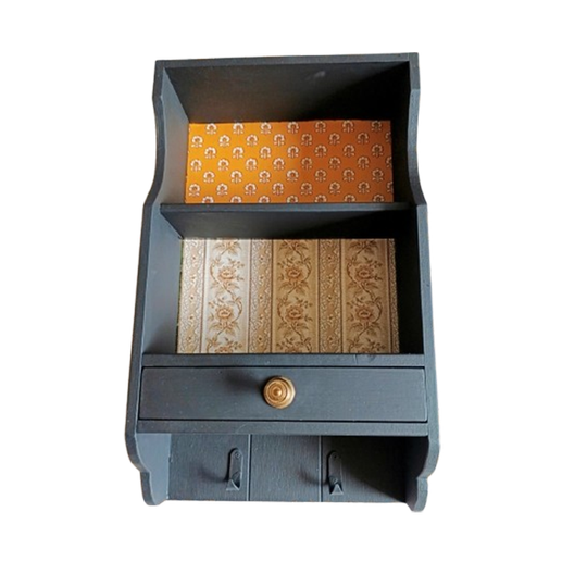 Vintage Wall Cabinet With Drawer & Hooks – Chalkboard Paint, Brass Knob, Vintage Wallpaper 1