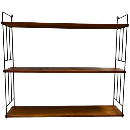 Vintage Wandrek Met 3 Houten Planken En Draadstaal Dragers 1