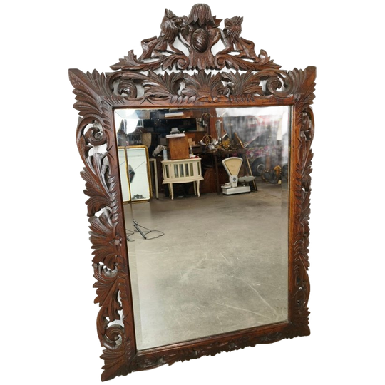 Grote Antieke Gesculpteerd Houten Spiegel 1