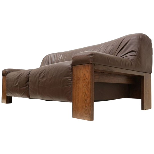Brutalist 2-zits Leren Bank – Bruin Leer Met Wengé Houten Frame 1