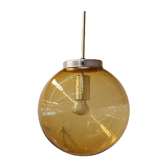 Vintage Hanglamp Messing Goudgeel Bol Glas 1
