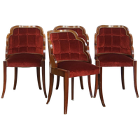 Unieke Set Van 4 Originele Art Deco “wolken” Eetkamerstoelen Met Luxe Rode Bekleding