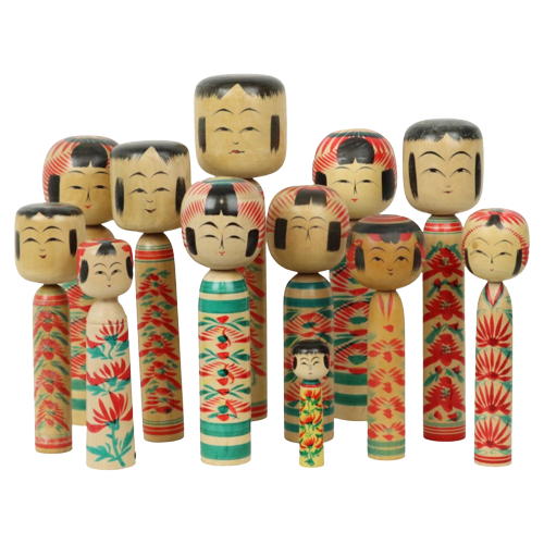 Lot Van 12 Grote Kokeshi Poppen Naruko Handgeschilderd Hout Japan