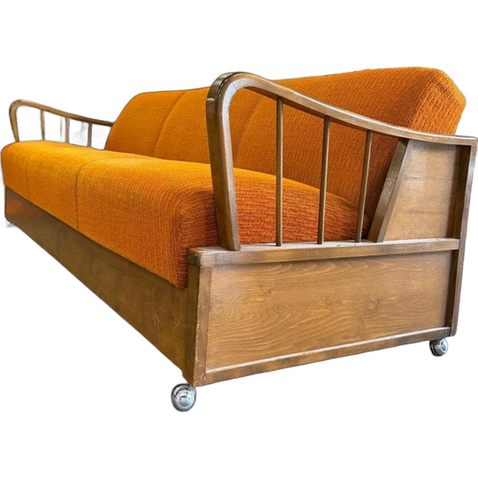 Vintage Houten Oranje Zetel / Canapé / Sofa 1