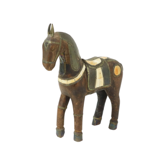 Vintage Marwari Paard Gesneden Hout Ingelegd Met Been En Koper 26cm 1