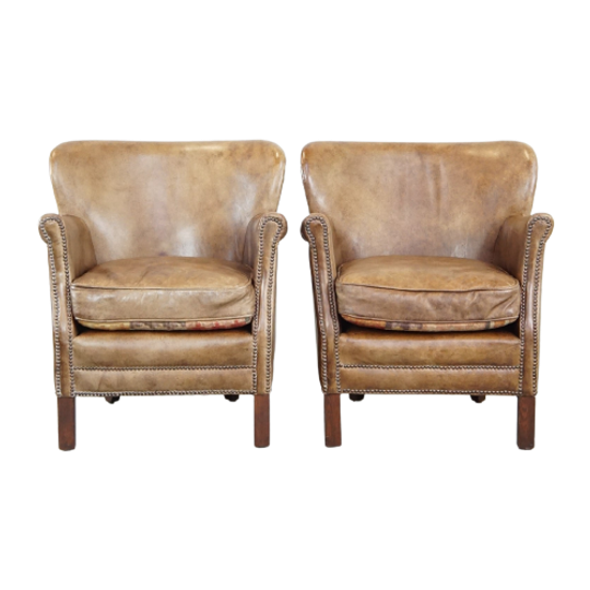 Set Van 2 Leuke, Subtiele Rundleren Fauteuils Met Omkeerbare Kelim Zitkussens 1